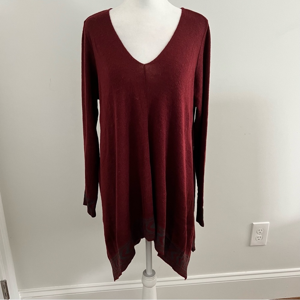 Red Maroon V Neck Sweater Dress Long Sleeve Wool Acrylic Made In Korea